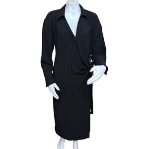 Argent Midi Dress Black Collared Wool Crepe Long Sleeve Wrap Size L